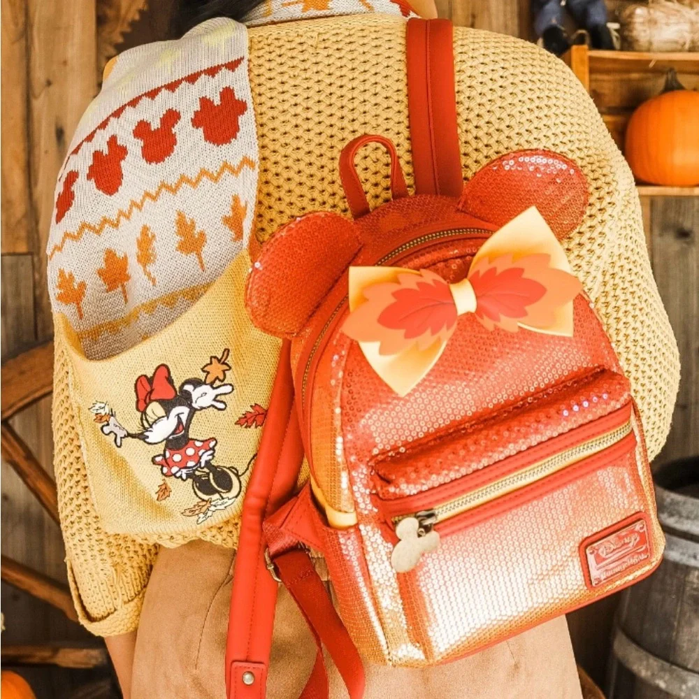 Loungefly Fall Sequin Ombré Minnie Red and Orange Sequin Backpack - Picture 11 of 16